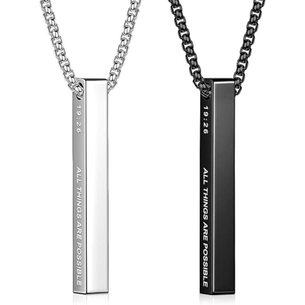 2Pc Men Bible Verse Bar Pendant Necklaces Stainless Steel Silver Black Gold Gift